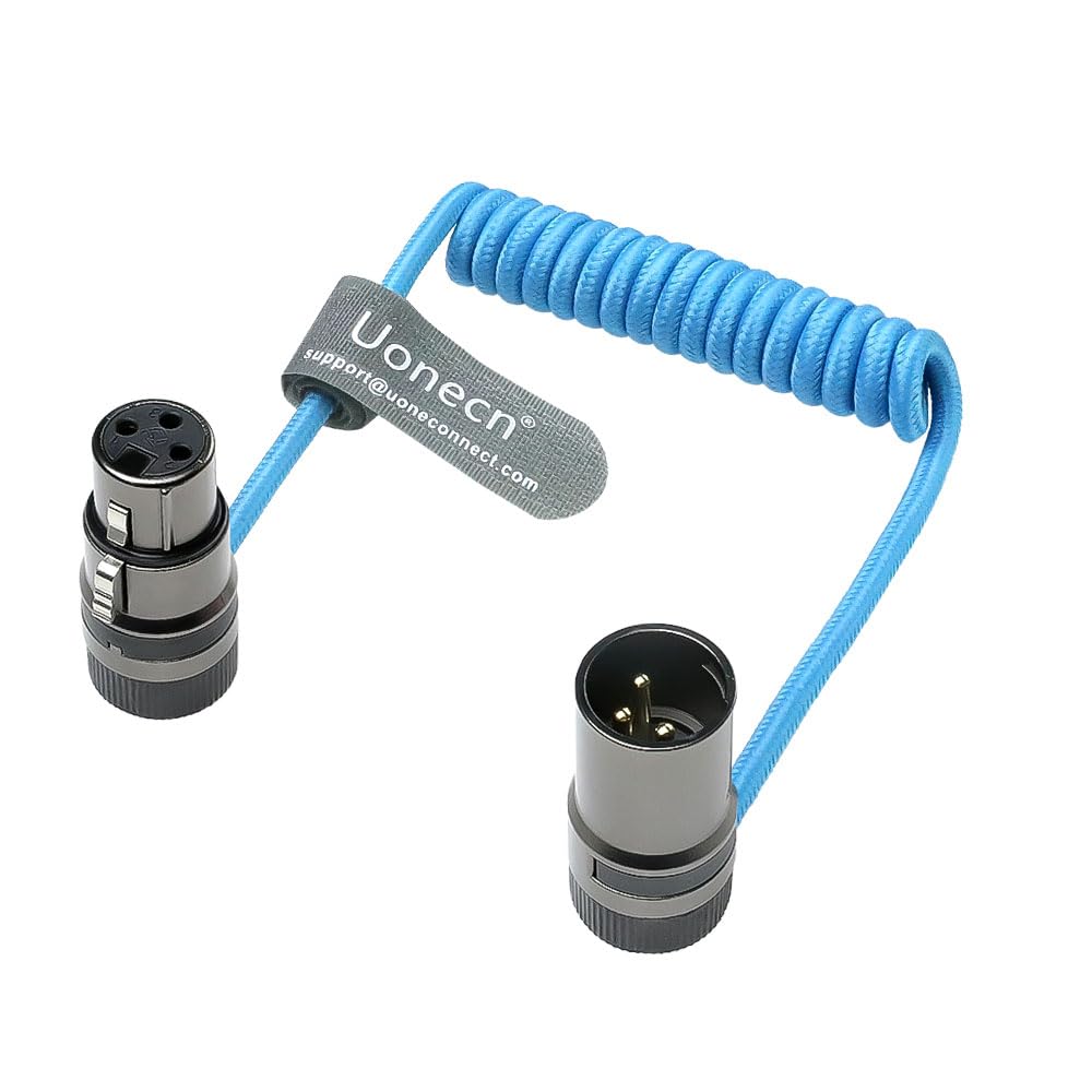 Uonecn Cable XLR giratorio de bajo perfil de 3 pines (macho a hembra) – Cable en espiral ultraflexible para cámaras Sony, Canon, Blackmagic y audio de estudio (azul)