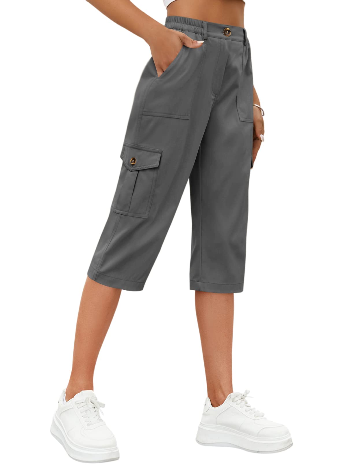 Womens Cargo Capris High Waisted Hiking Pants Travel Straight Leg Pants with Pockets 001grey X