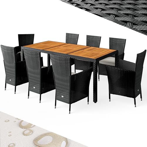 CASARIA® Conjunto Jardín Poliratán 8 Sillas Apilables Mesa Madera 190x90cm Resistente Intemperie Muebles Terraza