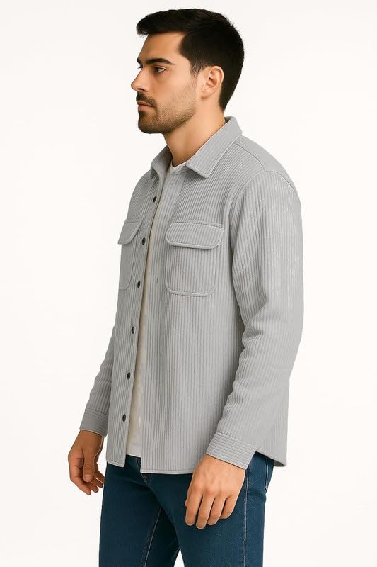 Image of DEELMO Men's Full Sleeve Corduroy Shirt | Stylish Textured Casual Button-Down Shacket for Autumn Winter | Dual Pocket Front Design | Ideal for Layering and Daily Outfits