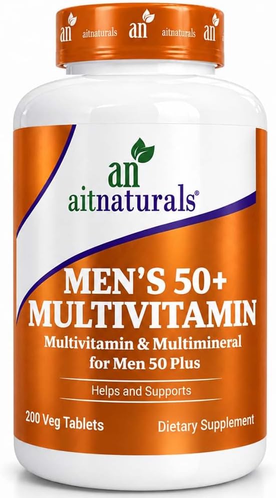 Aitnaturals Men's 50+ Multivitamin (200 Tablets) | Multimineral with Vitamin A, C, D, B6, B12 E, K& Zinc, Magnesium for Older Adults | Supports Memory & Cognition, Heart, Eye, Muscle & Immune Health