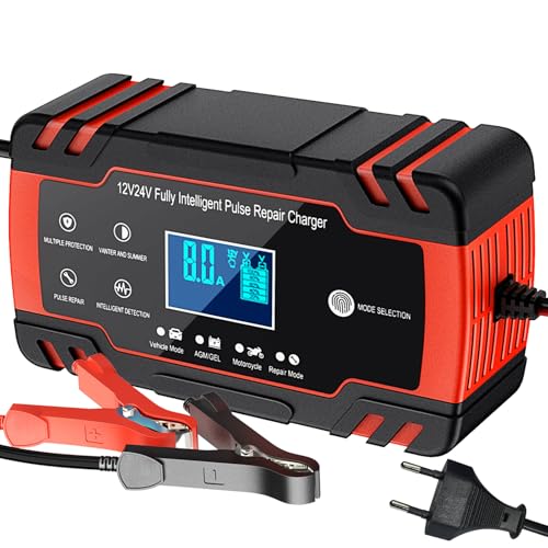 Husgw 8A 12V/4A 24V Cargador de Batería de Coche,Cargador de Batería Inteligente para Moto con Función de Reparación,Múltiples Protecciones,para Auto, Moto,Camión,AGM,Gel,Wet, SLA