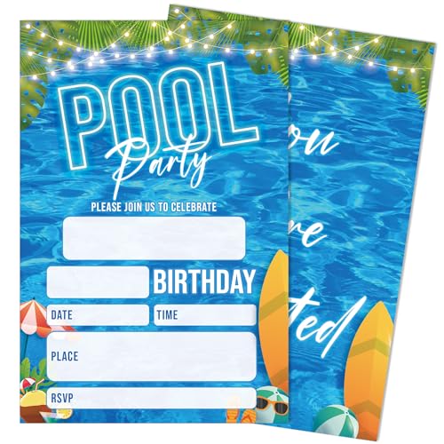 SIXEIGHT Pool Birthday Invitations for Boys, Pool Party Invitations for Girls, 20 Pack Summer Swim Invites with Envelopes, Summer Birthday Party Decorations Supplies, 4"x6"-D11