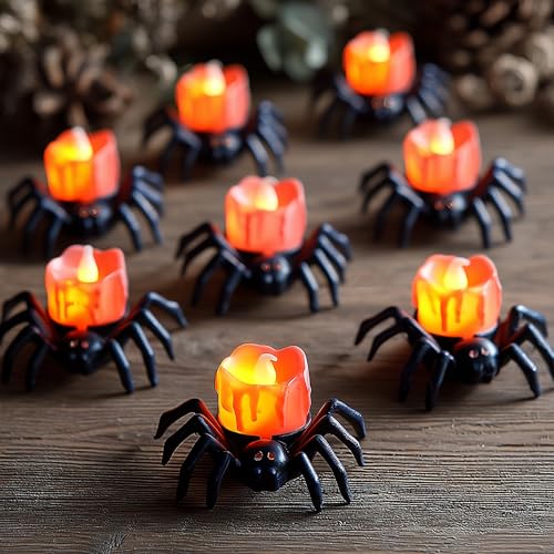 Image of Dazzle Bright 12 Pack Halloween Spider Tea Lights Candles, Battery Operated LED Flameless Spider Candles Holder Lights, Spooky Halloween Decorations for Party Table Home Decor