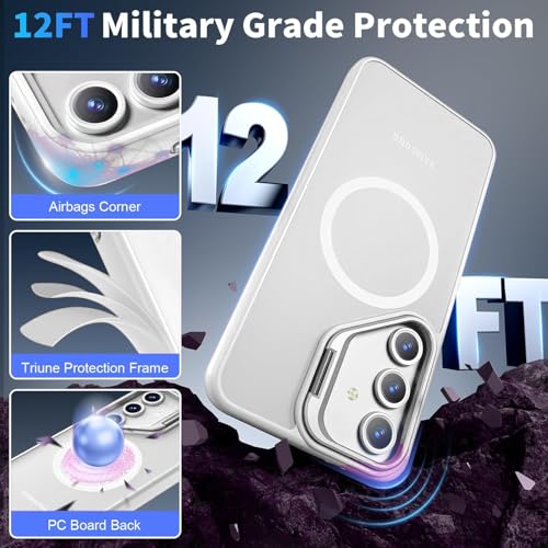 Image of DIZORO Polycarbonate Samsung Galaxy S25 FE Case Compatible with Wireless Charging,with Camera Stand,Military Grade Drop Tested,Translucent Hard Back Soft Edge Back Cover (White)