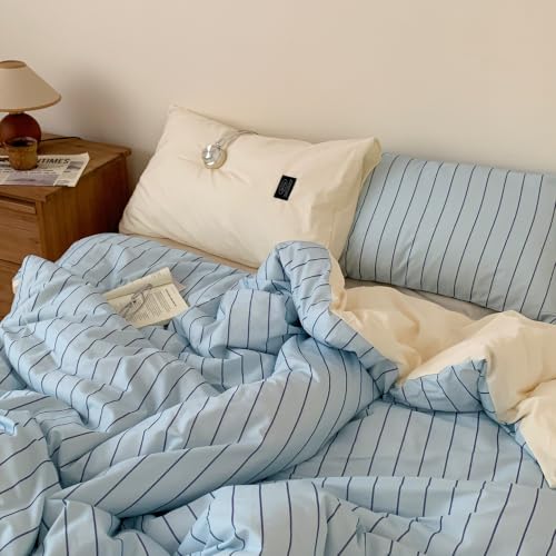 Image of Striped Duvet Cover Twin Blue Striped Beige Reversible Bedding Set