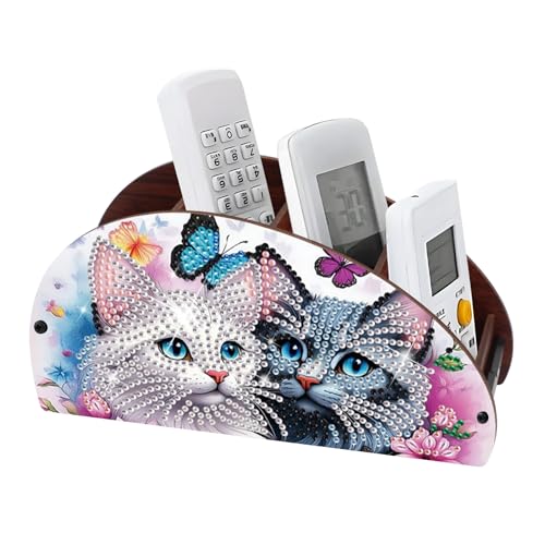 Image of DIY Diamond Painting Storage Box Couple Cats, Handmade 5D Diamond Art Case Multi-Compartment Wooden Desktop Organizer for TV AC Remotes Makeup Brushes Pens Tabletop Holder, Valentine's Day Gift