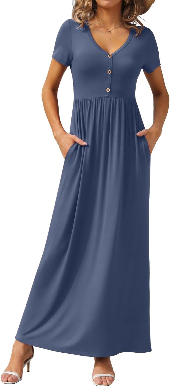 GRECERELLE Womens Summer Long Maxi Dresses 2026 Short Sleeve V Neck Casual Button Dress with Pockets