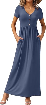 GRECERELLE Womens Summer Long Maxi Dresses 2026 Short Sleeve V Neck Casual Button Dress with Pockets
