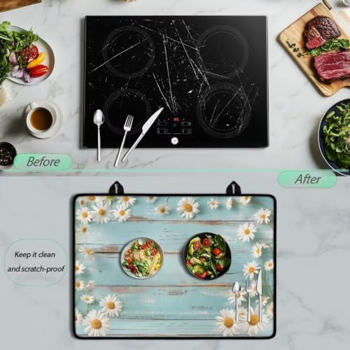 Image of Stove Top Covers for Electric Stove Heat Resistant Glass Ceramic Cooktop Cover Mat Multipurpose Kitchen Heat Resistant Flat Top Stove Cover, 29 x 21 Inch, Daisy Pale Blue Wood Grain