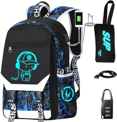 JMSBMQSE Mochila luminosa anime à prova d'água, Azul, large size, Mochila luminosa