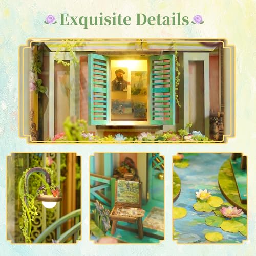 Image of Tonecheer DIY Book Nook Kit for Adults, 3D Puzzle Wooden Miniature House Kit, Booknook Dollhouse Bookshelf Insert Decor Bookend with Dust Cover and LED Lights Gifts (Giverny Garden)