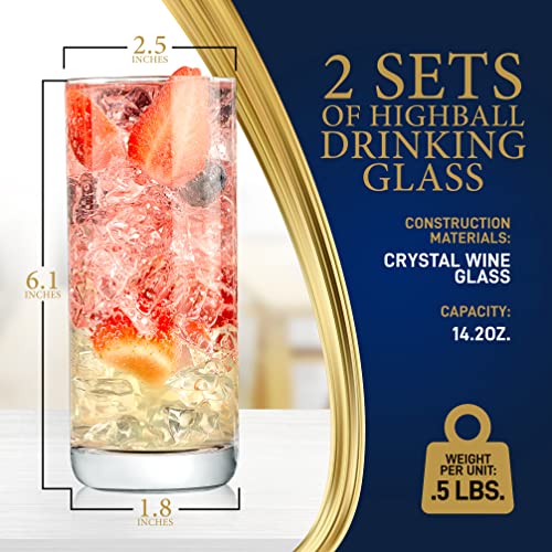 Nutrichef 14.2Oz Highball Drinking Glasses - Set Of 2 Heavy Base Tall Tumbler Clear Glassware For Water, Wine, Beer, Liquor, Gin, Cocktail, Whiskey, Juice, Iced Coffee, Mixed Drinks, Dishwasher Safe #TOP2