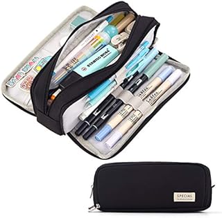 CICIMELON Pencil Case Large Capacity Pencil Pouch 3 Compartments Pencil Bag Gift for Students Girls Adults Women (Black)