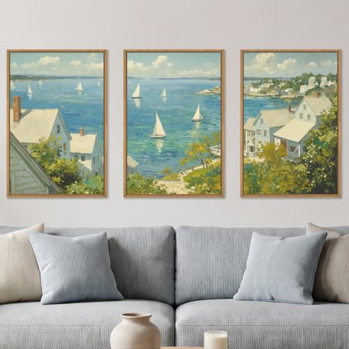 BICERE Large Coastal Sailboat Framed Canvas Wall Art Set,Summer Seascape Wall Decor,Nautical Blue Ocean Art Prints,Nature Beach Artwork for Living Room,Bedroom,Dining Room,Office-16 x24 x3