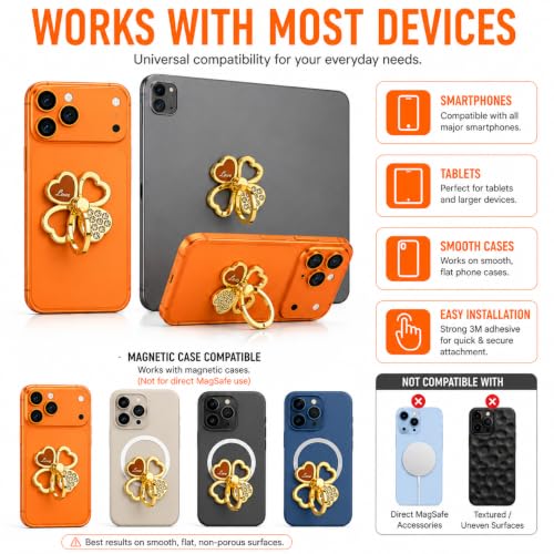 Image of Mizi 2Pack Clover Phone Ring Holder Stand, 360 Rotation & 180 Fold Finger Grip Kickstand, Strong 3M Adhesive, Bling Rhinestone Phone Ring for iPhone, Samsung & Most Smartphones - Gold