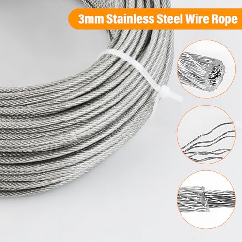 Trutob 1/8\" Stainless Steel Cable 304, Steel Wire Kit, 7x7 Strand Aircraft Wire Rope, 98Ft Coated Metal Wire with Turnbuckles, Cutter, Accessories for Fence, String Light Hanging, Garden, Clothesline - Thumbnail 7