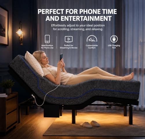 Image of Marsail Queen Adjustable Bed Frame, Dual Motor Electric Bed Base with Head and Foot Incline, Zero Gravity, Wireless Remote Control, 4 USB Ports, LED Night Light, Adjustable Height Legs