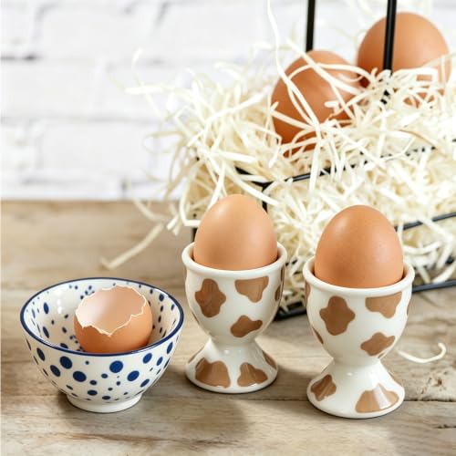 Image of Cinf Ceramic Egg Cups, Set of 2, Mocha Cow Boiled Egg Holders for Breakfast