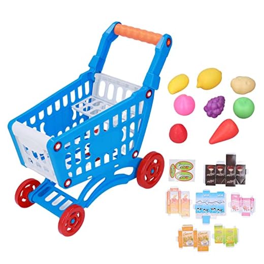 Carrito de compras de juguete educativo, juego de supermercado con carrito de supermercado incluido y accesorios de comida de imitación(Azul)
