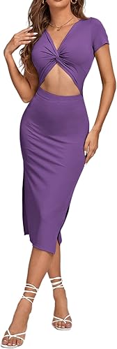 Miniatura 6 de LYANER Vestido midi de punto de manga corta con cuello en V y corte frontal para mujer