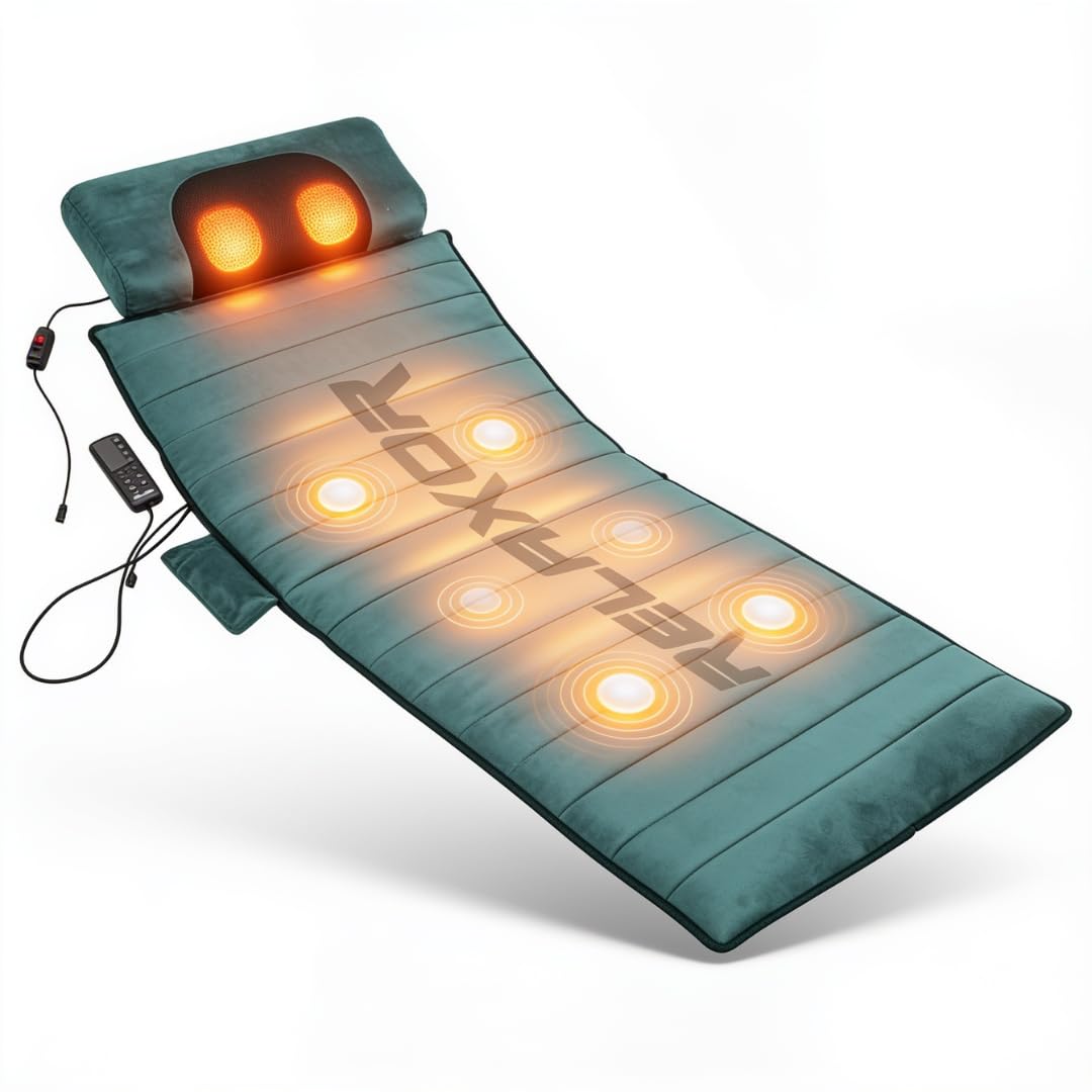 Relaxor Massagematte mit Wärmefunktion – 10 Vibrationsmotoren, 20 Shiatsu-Massageköpfe für Nacken, 9 Massageprogramme, Timer, Fernbedienung, aufblasbares Lendenkissen, 170 x 55 cm