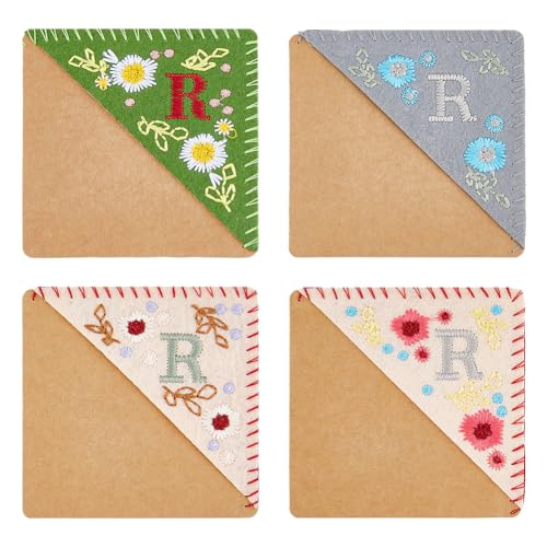 HOBBIESAY 4 Styles Hand Embroidered Corner Bookmark Letter R Bookmark Felt Triangle Page Stitched Cute Flower Bookmarks Reading Accessories for Women Men Book Lovers Readers Teachers