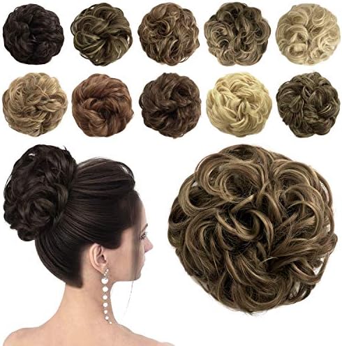 Sofeiyan Messy Bun Hair Piece Synthetic Curly Updo Hair Scrunchies Chignon Hairpiece Extensions for Women Girls, Medium Brown Mix Light Auburn