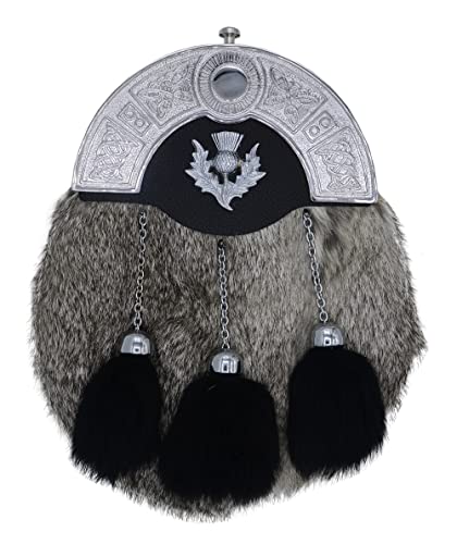 Scottish Sporran Kilt For men Full Dress Rabbit Fur kilt sporran Bag with Chain & belt Scottish Celtic Chrome Cantle
