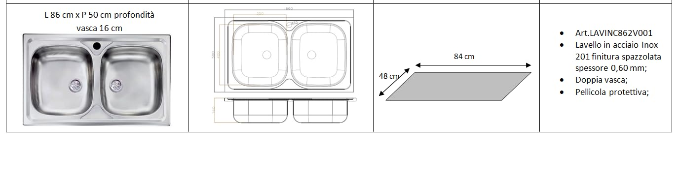 MABEL Lavello Cucina 2 Vasche Lavandino Cucina Lavello Incasso Acciaio Inox 201 con Finitura Spazzolata Facile da Pulire Lavabo Cucina Profondità Vasche 16 cm - L 86 cm x P 50 cm