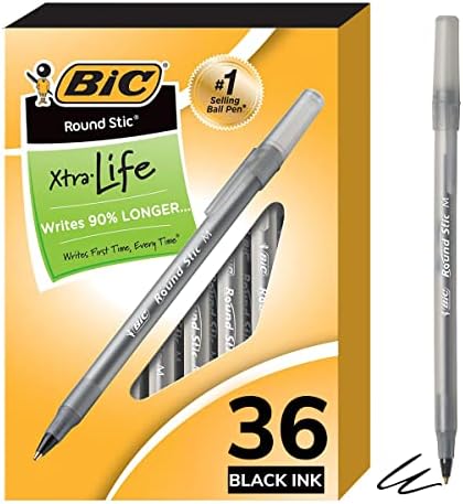 Bic Round Stic Xtra Life Black Ballpoint Pens, Medium Point (1.0mm), 36-Count Pack of Bulk Pens, No. 1 Selling Ballpoint Pens (GSM36WM-BLK)