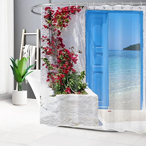 LB 59x71 inch Seascape Shower Curtain Traditional Greek Door Ocean and Santorini Island Waterproof Anti-mold Polyester Fabric Bathroom Curtains with 10pcs Hooks - Image 2