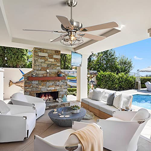 Sofucor Industrial Cage Ceiling Fan With Lights And Remote AC Motor 52 Inch Brushed Nickel Indoor Ceiling Fan With Iron Lampshade Flush Mount 3-Speed Noiseless Reversible Motor Silver - Image 2