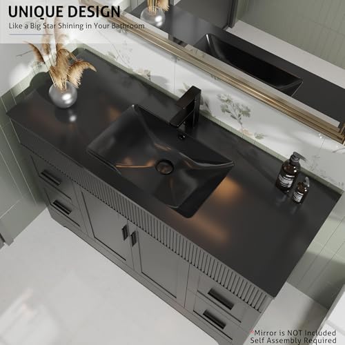 Image of eclife 48 inch Bathroom Vanities Sink Combo with Painted Surface, Modern Drawered Cabinet W /Decorative Wave Lines, Undermount Single Black Sink, Matte Black Faucet Drain, Black