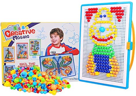 Qchomee 592 PCS Kids Jigsaw Puzzle Board Mushroom Nails Pegboard DIY Assorted Color Mosaic Kit Game Educational Toys Popular Birthday Christmas Toys for Children Girls Boys Age 3-8 Years