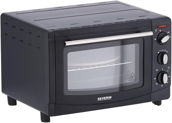SEVERIN Horno tostador con 5 posiciones, mini horno eléctrico de convección, horno pequeño con piedra para pizzas y asador de pollos, 1500 W, 20 L, negro, TO 2068