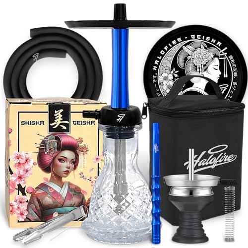 Cachimba Shisha Halofire Geisha Azul Completa 50 cm con Maletín Difusor Ajustable Base Cristal Tallada y Accesorios Premium Diseño Japonés Elegante y Compacto