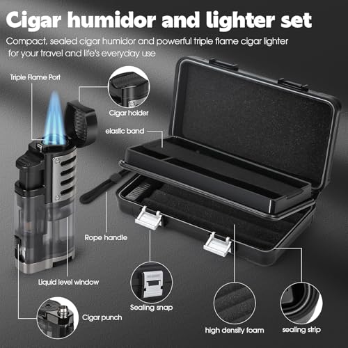Cigar Humidor, Portable Travel Cigar Box, Double Cigar Humidor with Separate Storage for Cigar Accessories, Cigar Travel Case with Cigar Lighter(No Butane), Holds 5 Cigars (Black) - Image 4