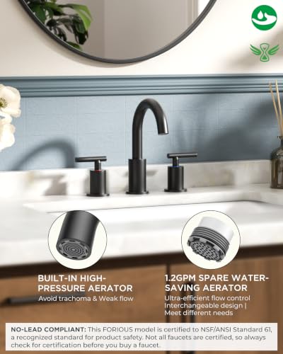 Image of FORIOUS LED Bathroom Faucet Black 3 Hole with Temperature Changing 3 Color Lights, 8 inch Widespread Matte Black LED Bathroom Sink Faucet 3 Hole with Pop Up Drain, Supply Lines, 360 Swivel Spout