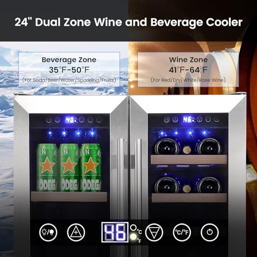 55 Cans, 20 Bottles Wine Fridge, Dual Zone Wine and Beverage Refrigerator ,Quiet Compressor, Blue LED, 24 Inch Under Counter Fridge for Home Entertaining