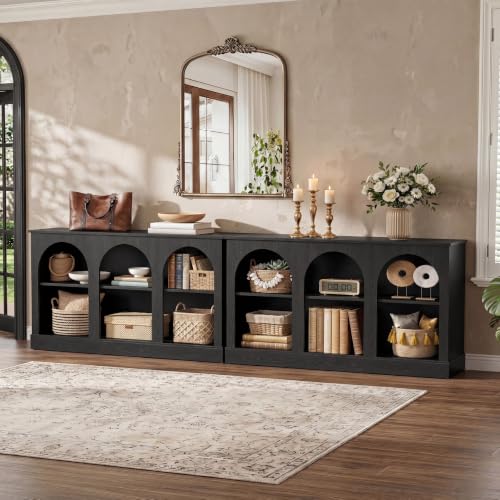 Image of Tribesigns Farmhouse Console Table Set of 2, Extra Long Entryway Table with 3 Tier Storage, Wooden Rectangular Sofa Table Behind The Couch for Entrance, Hallway, Living Room, Black