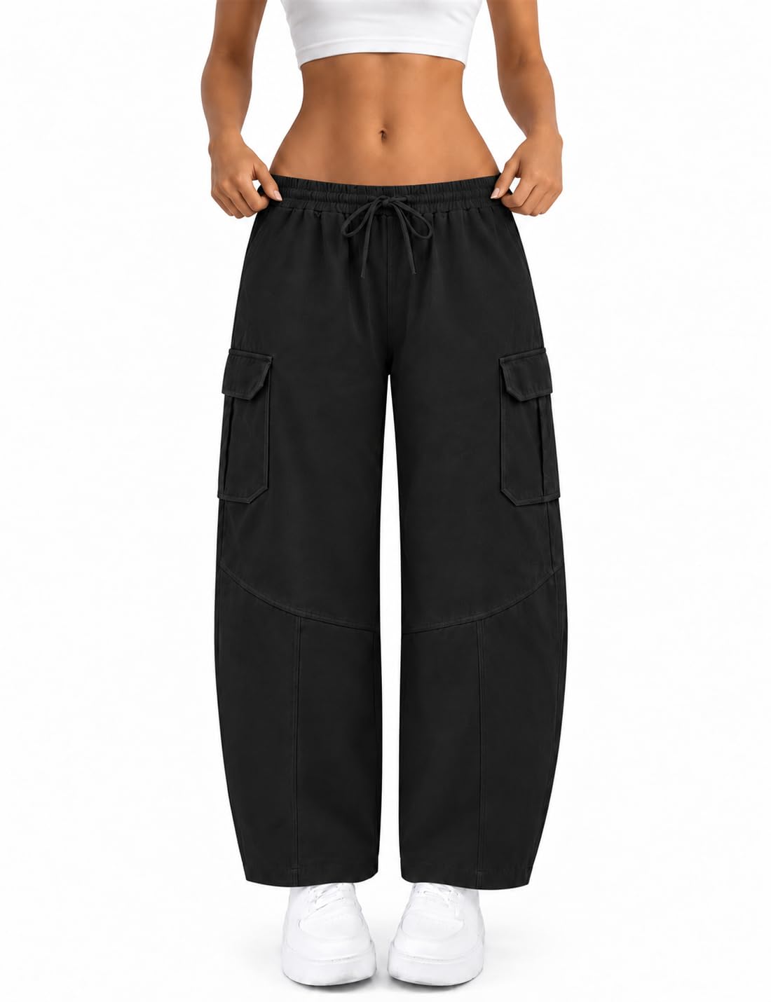 Barrel Cargo Pants Women Mid Rise Baggy Drawstring Pant with Pockets