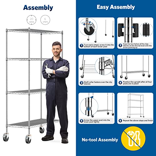 Raynesys Wire Shelving With 4" Wheels, 2400Lbs Heavy Duty 4-Tier Shelving Metal Shelves, 48X18X72In Steel Wire Storage Shelf Commercial Grade Adjustable Utility Rack For Garage, Kitchen, Chrome #TOP5