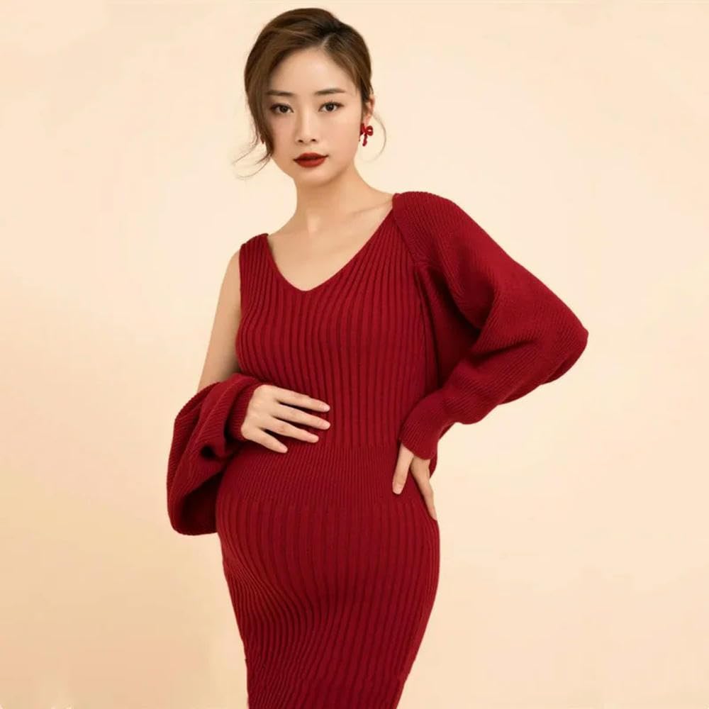 GLDFW Gestricktes Umstandskleid mit V-Ausschnitt, Cardigan-Set, Anzug für Babyparty, rotes Jersey, Schwangerschaft, Schwangere, nach der Geburt, Rock