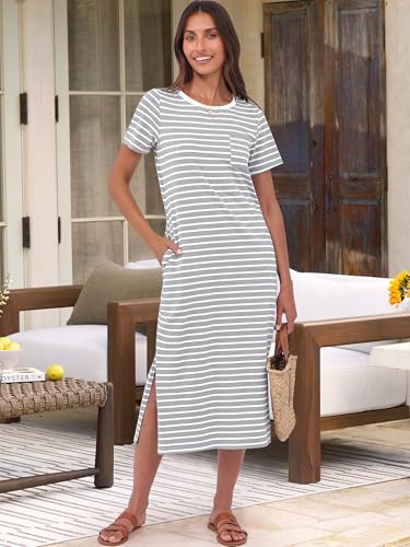 Image of ANRABESS Womens Midi Dress,Summer Long Tshirts Dresses,Short Sleeve Split Stripe,Comfy Travel Beach Vacation Casual Wear