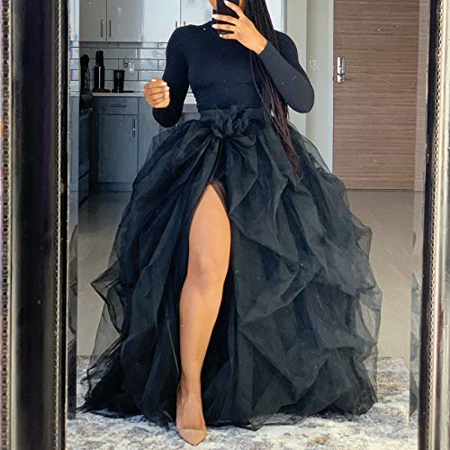 Women Maxi Tulle Tutu Skirt Layered High Waist Wedding Evening Night Out Party A-Line Puffy Skirt With Slit (Black, Onesize) #TOP1