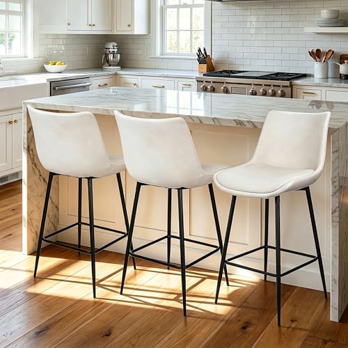 Image of Counter Height Bar Stools Set of 3, FSC Certified Upholstered Faux Leather Barstools with Back, Metal Base, 27 inch Seat Height, Modern Upholstered Counter Stools for Kitchen Island,(Beige