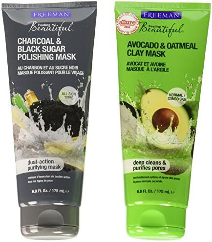 Freeman Feeling Beautiful Charcoal & Black Sugar Gel Mask + Scrub and Avocado Clay Mask, 6-Ounce, 2 Count