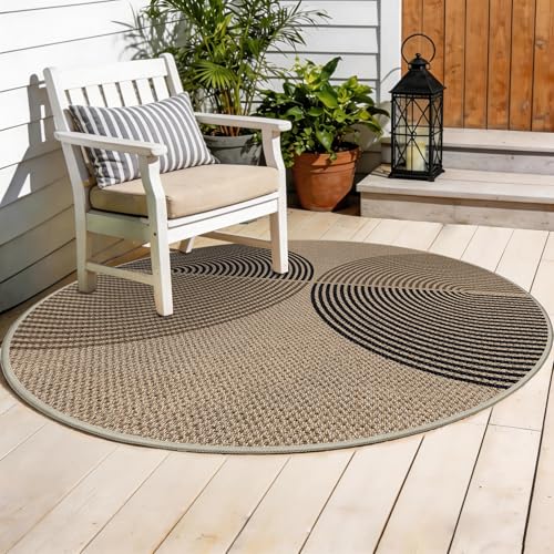 Capslpad Tapis de salon, rond, 160 x 160 cm, aspect jute, naturel, lavable, antidérapant, pour salon, chambre à coucher, bureau, noir marron