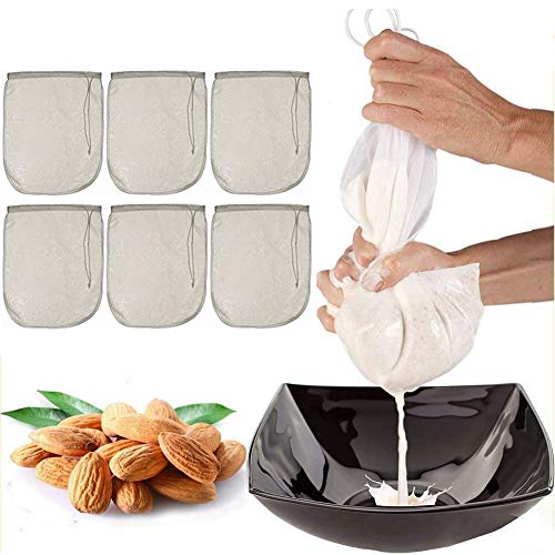 6PCS Nut Milk Bags - 10X12 Bags - Commercial Grade Reusable All Purpose Food Strainer - Ultra Strong Fine Nylon Mesh for CheeseTeaYogurtJuiceWineSoupHerbs